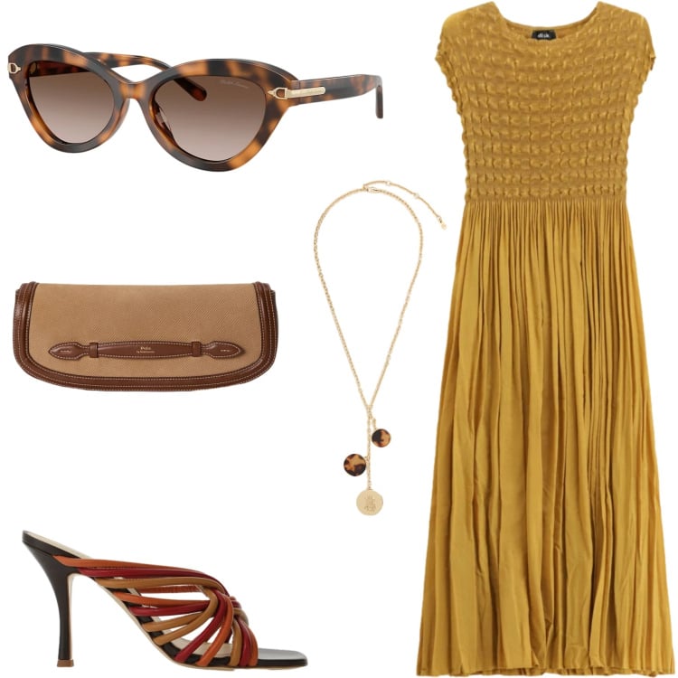 Outfit donna - Stile naturale curvy. Stile Chic per Serata fuori. Abbinamento con clutch, collane, occhiali da sole, vestiti lunghi, sandali.