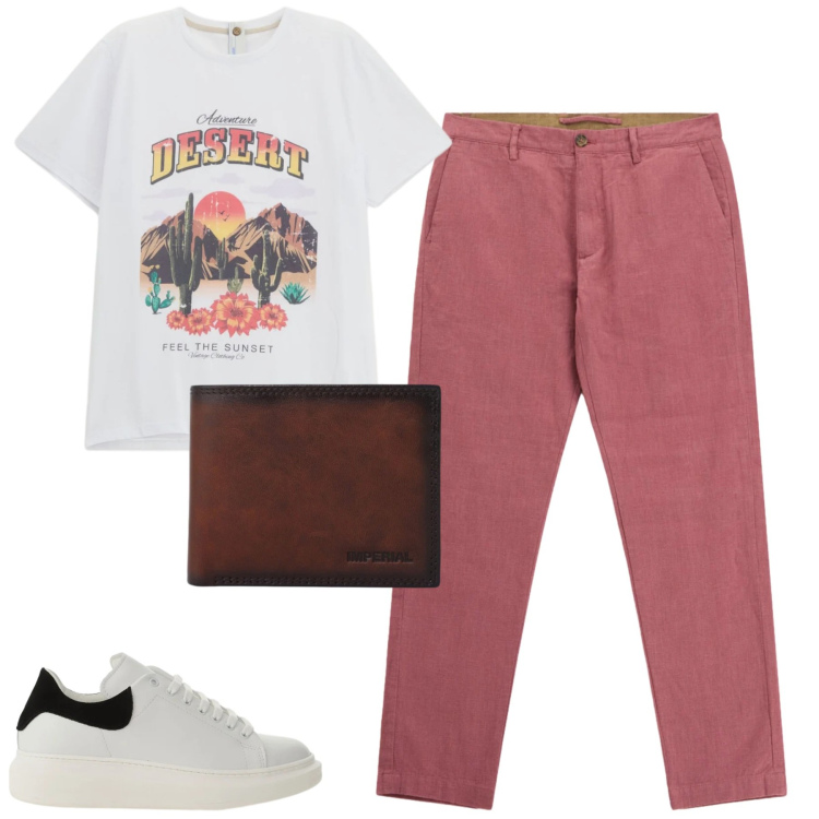 Outfit uomo - City. Stile Casual per Tutti i giorni. Abbinamento con t-shirt, sneakers, portafogli, pantaloni.