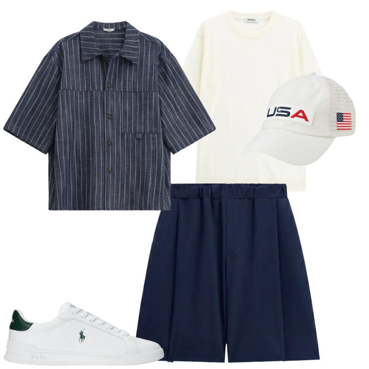 Outfit uomo - Al mare. Stile Casual per Mare. Abbinamento con sneakers, cappelli con visiera, camicie a manica corta, t-shirt, bermuda.