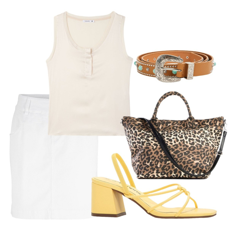 Outfit donna - Urban casual. Stile Casual per Tutti i giorni. Abbinamento con minigonne, sandali col tacco, shopping bag, cinture, canottiere.