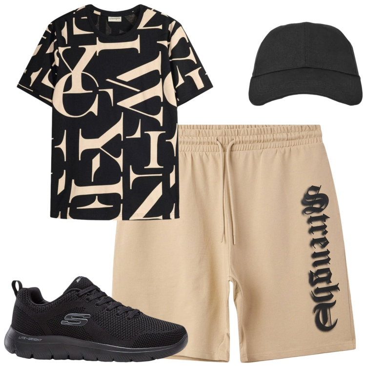 Outfit uomo - City. Stile Casual per Tutti i giorni. Abbinamento con sneakers, t-shirt, bermuda, cappelli con visiera.