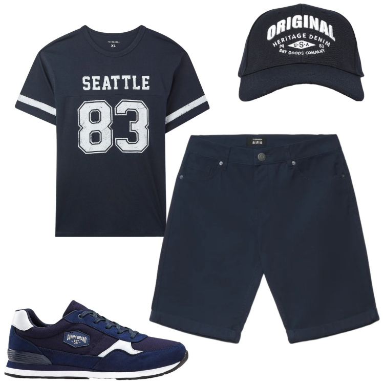 Outfit uomo - Total look #2419203. Stile Casual per Tutti i giorni. Abbinamento con sneakers, t-shirt, cappelli con visiera, bermuda.