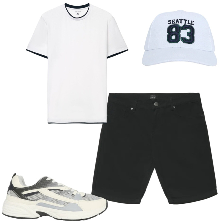 Outfit uomo - City. Stile Casual per Tutti i giorni. Abbinamento con cappelli, sneakers, t-shirt, bermuda.