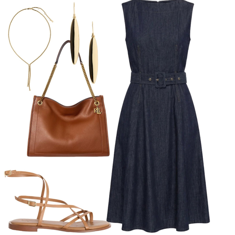 Outfit donna - City. Stile Chic per Tutti i giorni. Abbinamento con sandali in pelle, vestiti, borse tote, collane, orecchini.