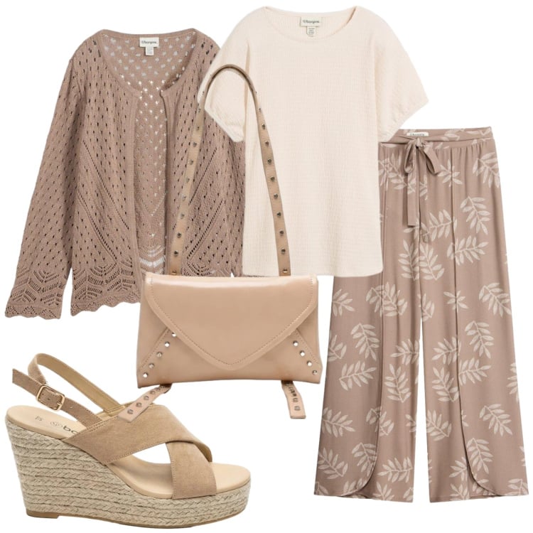 Outfit donna - Total look #2419214. Stile Basic per Tutti i giorni. Abbinamento con cardigans, pantaloni a palazzo, t-shirt, sandali col tacco, borse a tracolla.