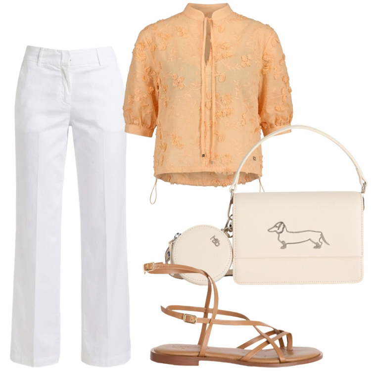 Outfit donna - Stile mediterraneo. Stile Casual chic per Tutti i giorni. Abbinamento con pantaloni, bluse, sandali in pelle, borse a tracolla.