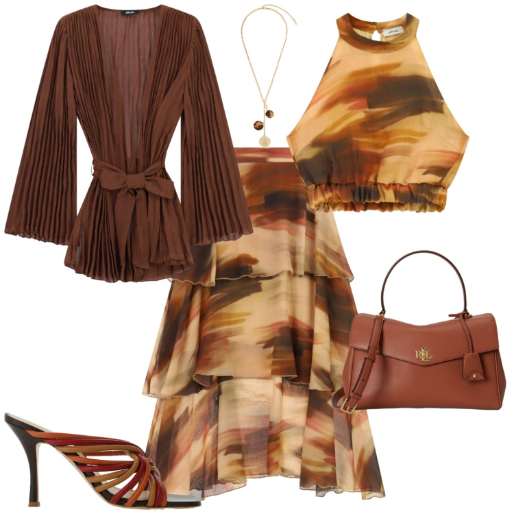 Outfit donna - Chic serata evento. Stile Chic per Serata fuori. Abbinamento con borse a mano, collane, gonne lunghe, sandali, blazer, top.