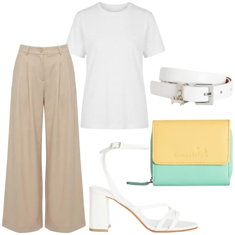 Outfit donna - Total look #2419218. Stile Casual chic per Tutti i giorni. Abbinamento con t-shirt, portafogli, sandali in pelle, pantaloni, cinture.