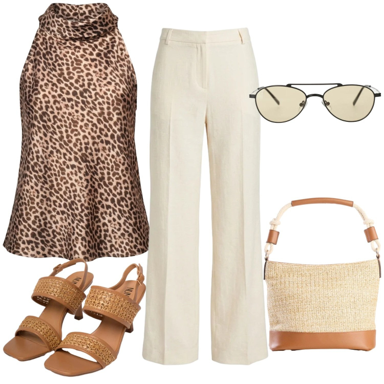 Outfit donna - La blusa animalier. Stile Casual chic per Tutti i giorni. Abbinamento con borse a mano, pantaloni, top, sandali in pelle, occhiali da sole.