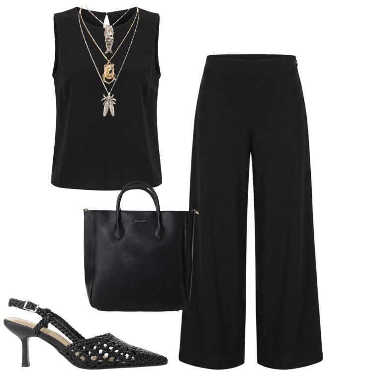 Outfit donna - Black. Stile Minimal per Tutti i giorni. Abbinamento con borse a tracolla, décolleté, canottiere, pantaloni a palazzo, ciondoli.