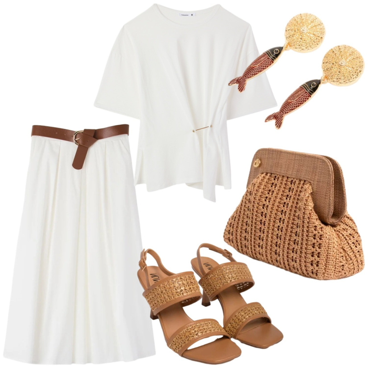 Outfit donna - Total white. Stile Etnico per Tutti i giorni. Abbinamento con t-shirt, gonne longuette, sandali in pelle, orecchini, clutch.