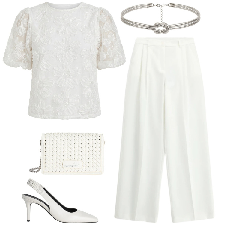 Outfit donna - Essenzialmente. Stile Casual chic per Serata fuori. Abbinamento con décolleté, borse a tracolla, pantaloni a palazzo, bluse, cinture.