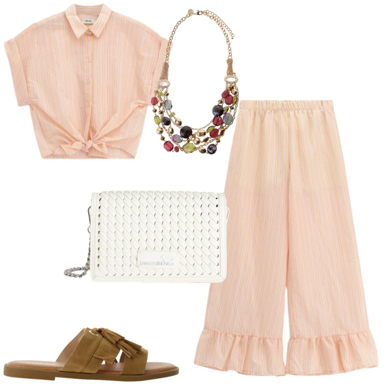 Outfit donna - Al mare. Stile Preppy per Mare. Abbinamento con borse a tracolla, sandali, camicie a manica corta, pantaloni a palazzo, collane.