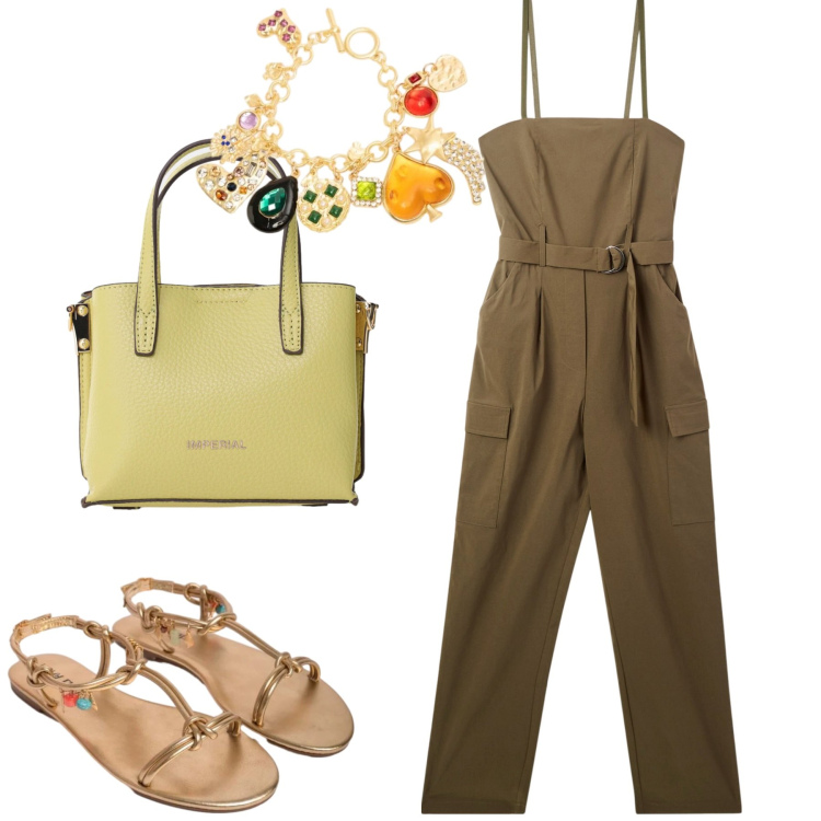 Outfit donna - La tuta cargo. Stile Casual chic per Tutti i giorni. Abbinamento con tute, borse a tracolla, sandali in pelle, braccialetti con ciondoli.