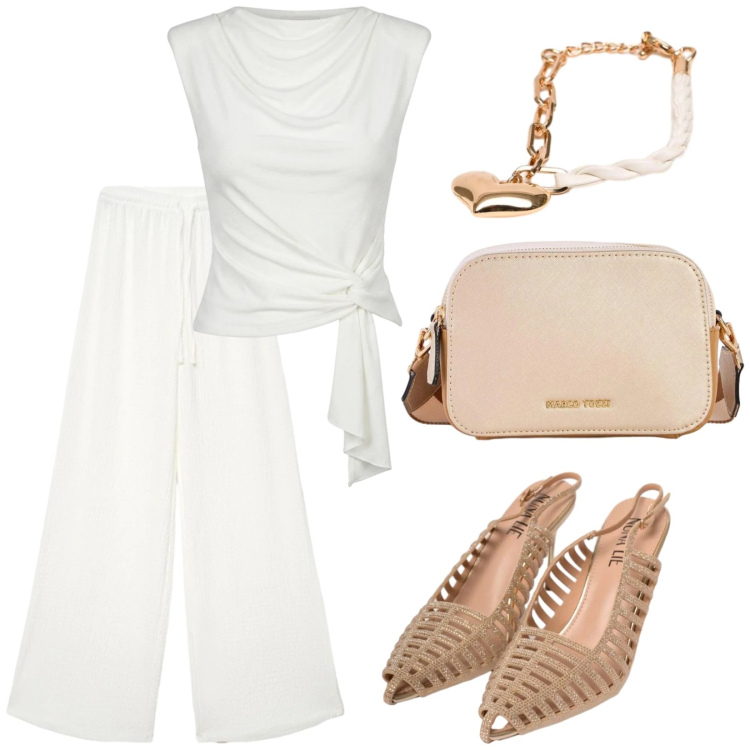 Outfit donna - Serata estiva. Stile Minimal per Serata fuori. Abbinamento con borse a tracolla, pantaloni, scarpe col tacco, top, braccialetti.