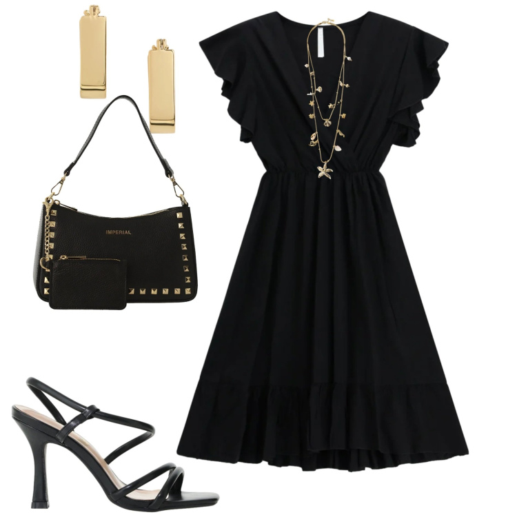 Outfit donna - Black dress. Stile Minimal per Tutti i giorni. Abbinamento con borse a spalla, sandali col tacco, collane, vestiti corti, orecchini.