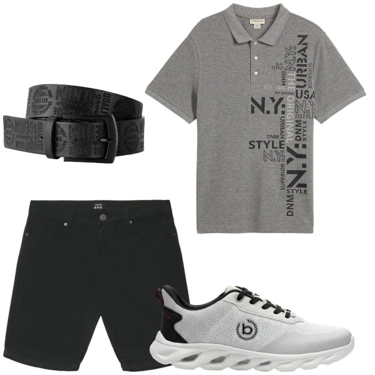Outfit uomo - Polo grigia con scritta. Stile Casual per Tutti i giorni. Abbinamento con cinture, polo, sneakers, bermuda.