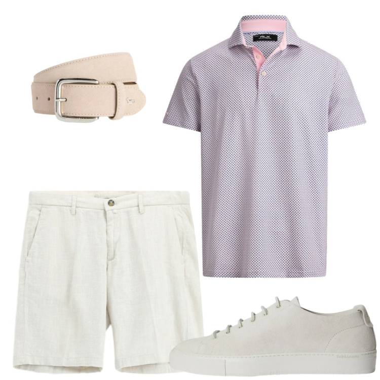Outfit uomo - Coloro tenui. Stile Trendy per Serata speciale. Abbinamento con cinture, sneakers, polo, bermuda.
