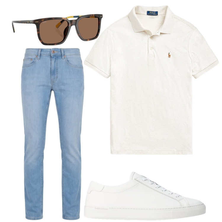 Outfit uomo - Denim e polo bianca. Stile Trendy per Tutti i giorni. Abbinamento con jeans, sneakers, polo, occhiali da sole.