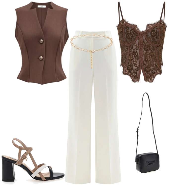 Outfit donna - Chic serata evento. Stile Chic per Serata fuori. Abbinamento con top, pantaloni a palazzo, gilet, cinture, sandali col tacco, borse a tracolla.