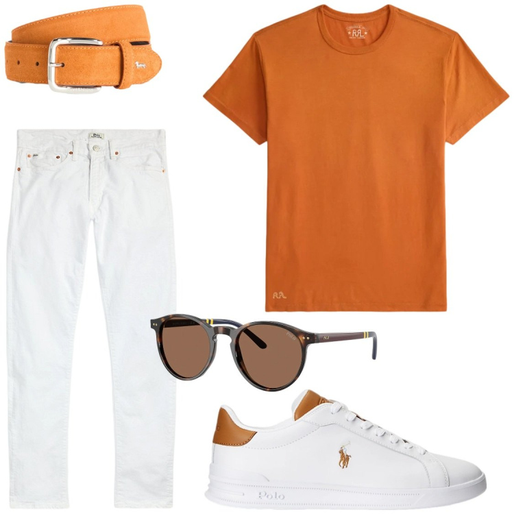 Outfit uomo - Jeans bianco. Stile Trendy per Serata speciale. Abbinamento con cinture, jeans, sneakers, occhiali da sole, t-shirt.