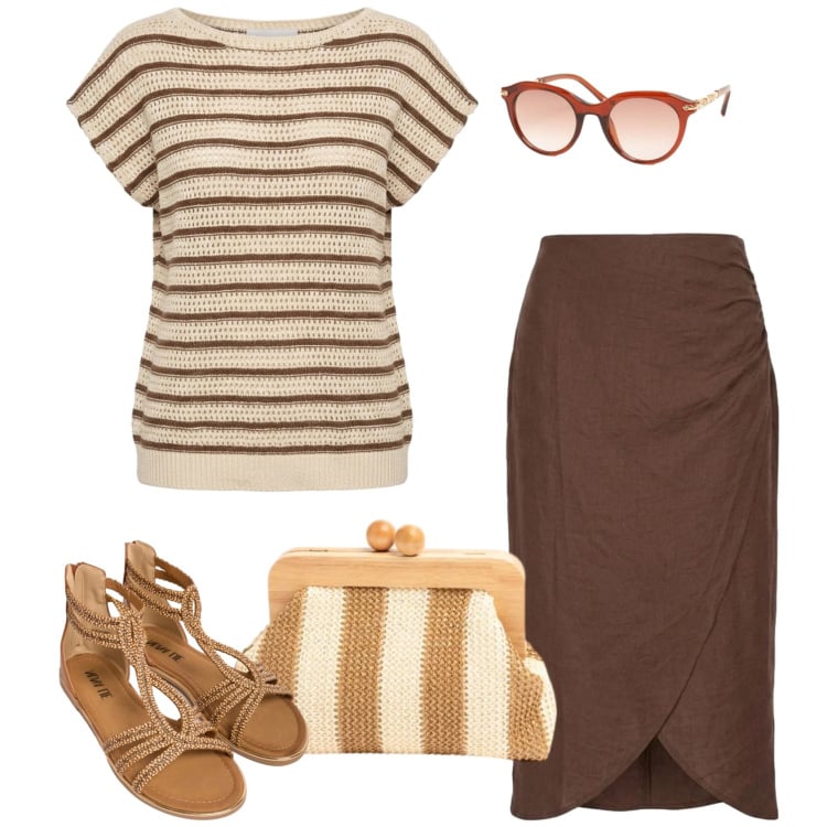 Outfit donna - Righe qui e li. Stile Casual chic per Ufficio. Abbinamento con gonne longuette, t-shirt, sandali in pelle, occhiali da sole, clutch.
