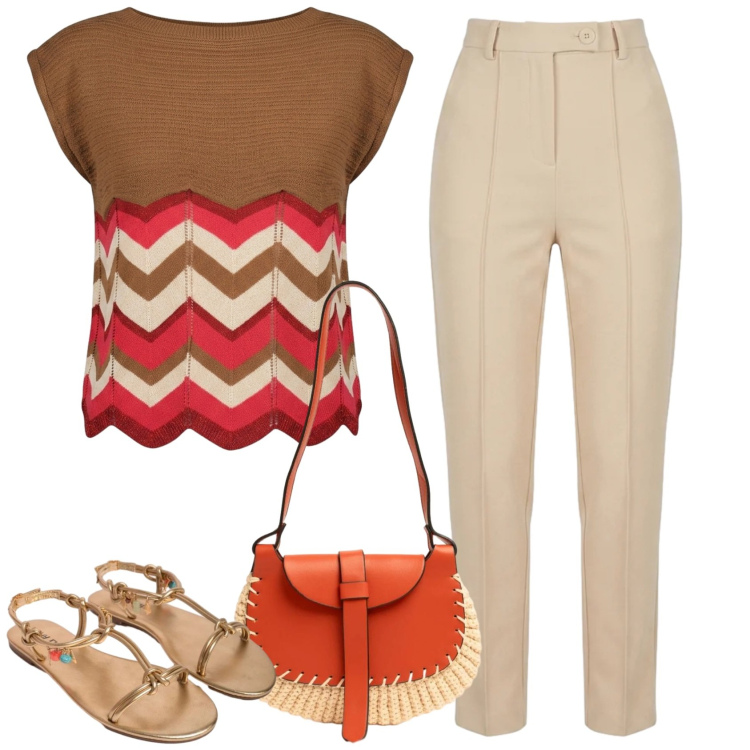 Outfit donna - Tratti di Rosso. Stile Casual per Tutti i giorni. Abbinamento con t-shirt, sandali in pelle, borse a tracolla, pantaloni.