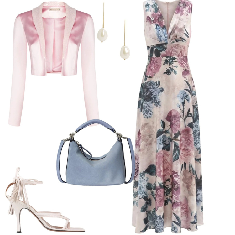Outfit donna - Romantica chic cerimonia evento. Stile Romantica per Serata fuori. Abbinamento con ciabatte, vestiti lunghi, bolero, borse a spalla, orecchini.