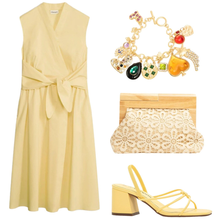 Outfit donna - Solare. Stile Vintage retrò per Tutti i giorni. Abbinamento con sandali col tacco, vestiti, braccialetti con ciondoli, clutch.