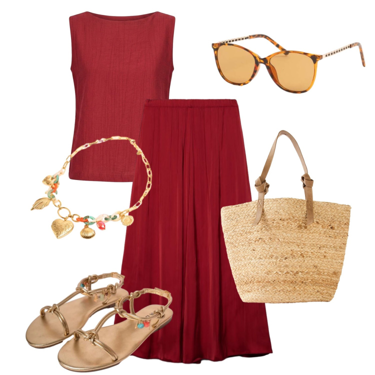 Outfit donna - Summer Natural Woman. Stile Glamour per Tutti i giorni. Abbinamento con shopping bag, gonne longuette, canottiere, sandali in pelle, collane, occhiali da sole.