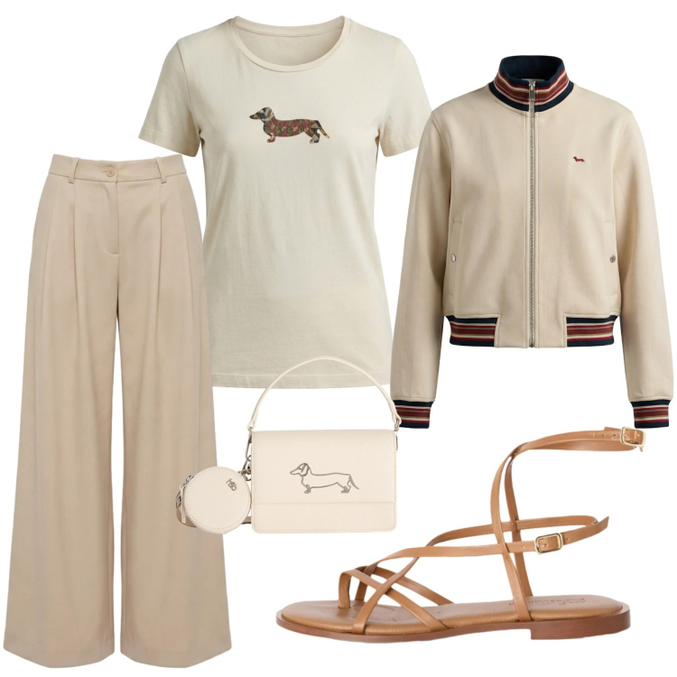 Outfit donna - Total look #2419249. Stile Casual chic per Ufficio. Abbinamento con pantaloni, t-shirt, felpe, sandali in pelle, borse a tracolla.