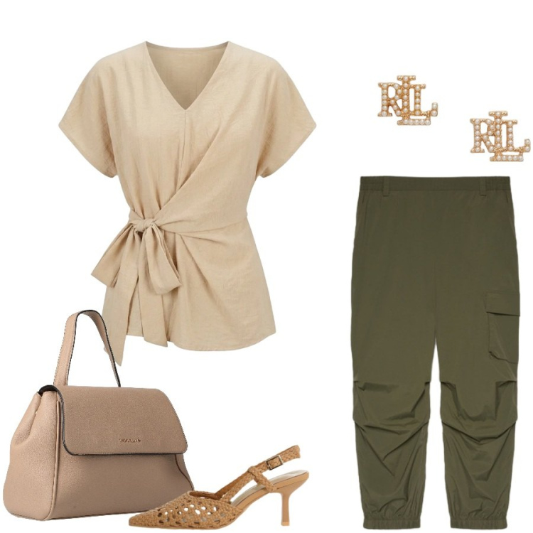 Outfit donna - Total look #2419250. Stile Casual chic per Tutti i giorni. Abbinamento con zaini, décolleté, pantaloni cargo, orecchini, t-shirt.
