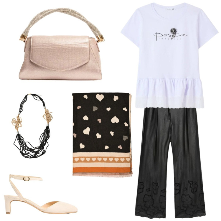Outfit donna - Eleganza discreta. Stile Bon Ton per Tutti i giorni. Abbinamento con décolleté, t-shirt, pantaloni, collane, borse a mano, sciarpe.