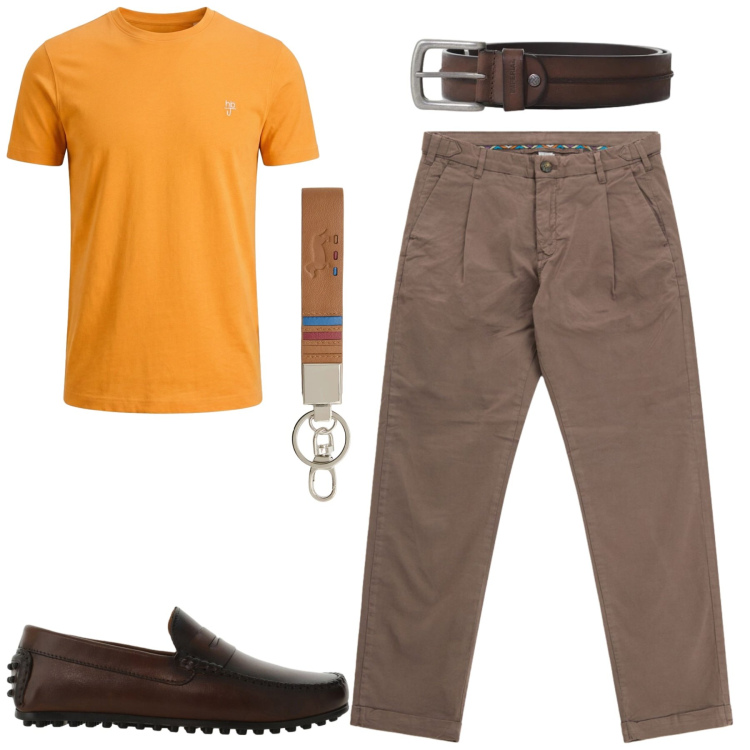 Outfit uomo - Giugno. Stile Casual per Tutti i giorni. Abbinamento con t-shirt, portachiavi, scarpe stringate, cinture, pantaloni.