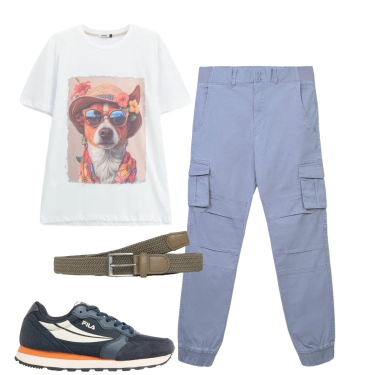Outfit uomo - City. Stile Casual per Tutti i giorni. Abbinamento con sneakers, cinture, pantaloni cargo, t-shirt.