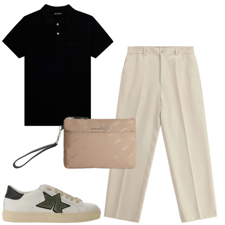 Outfit uomo - City. Stile Casual per Tutti i giorni. Abbinamento con pantaloni, sneakers, borse sportive, polo.