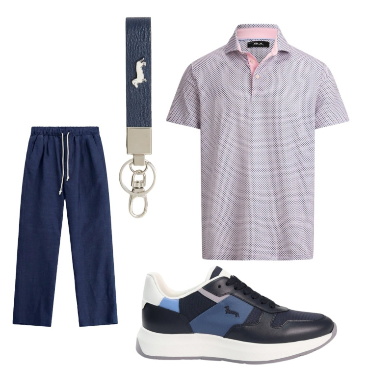 Outfit uomo - Polo. Stile Casual Abbinamento con sneakers, portachiavi, polo, pantaloni.