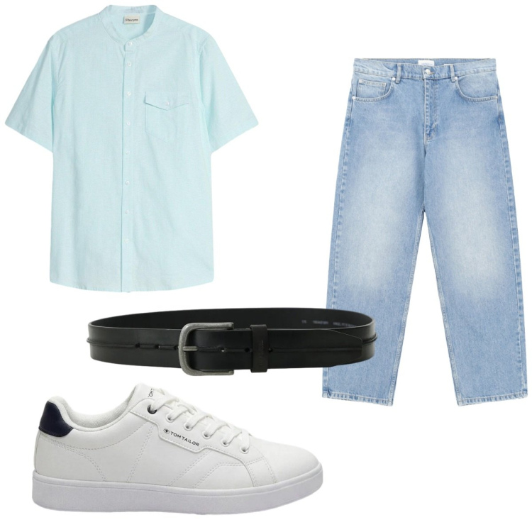 Outfit uomo - Jeans chiaro. Stile Casual per Tutti i giorni. Abbinamento con sneakers, camicie a manica corta, jeans, cinture.