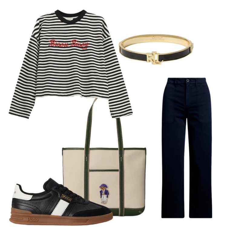 Outfit donna - Total look #2419265. Stile Casual chic per Ufficio. Abbinamento con pantaloni, sneakers, braccialetti, borse tote, t-shirt.