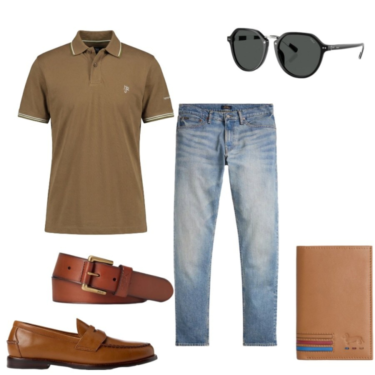 Outfit uomo - Total look #2419266. Stile Casual per Ufficio. Abbinamento con portafogli, polo, cinture, scarpe stringate, occhiali da sole, jeans.