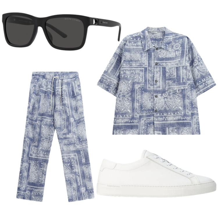Outfit uomo - Sneakers bianche. Stile Casual per Tutti i giorni. Abbinamento con sneakers, occhiali da sole, camicie a manica corta, pantaloni.