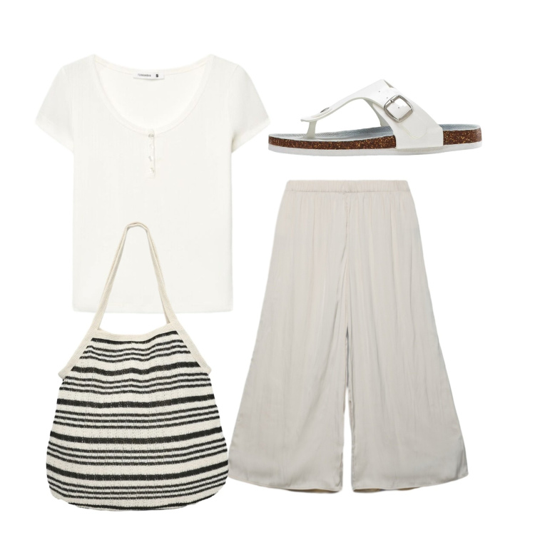 Outfit donna - Total look. Stile Casual per Tutti i giorni. Abbinamento con infradito, shopping bag, pantaloni, t-shirt.