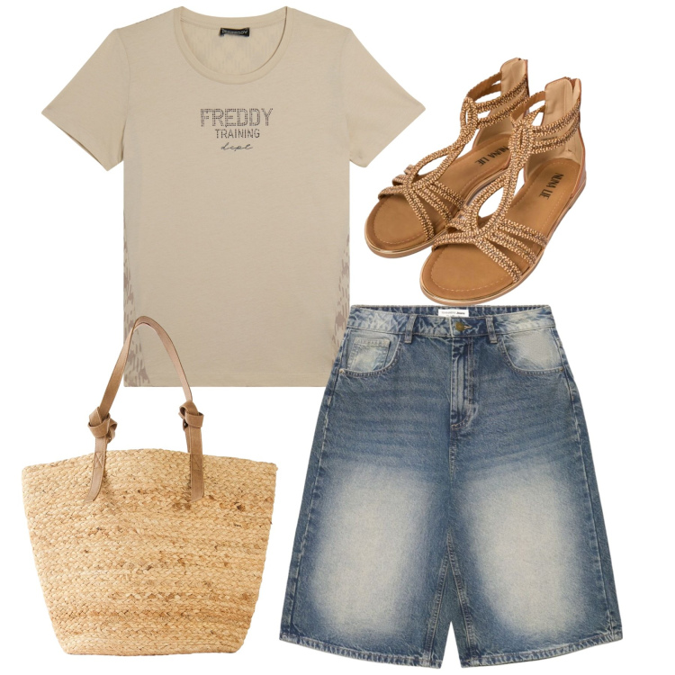 Outfit donna - Total look. Stile Casual per Tutti i giorni. Abbinamento con shopping bag, pantaloni corti, t-shirt, sandali in pelle.