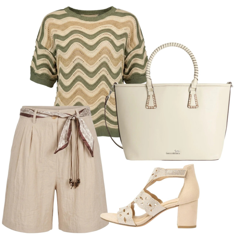 Outfit donna - Total look #2419272. Stile Casual per Serata fuori. Abbinamento con sandali col tacco, shopping bag, bermuda, t-shirt.