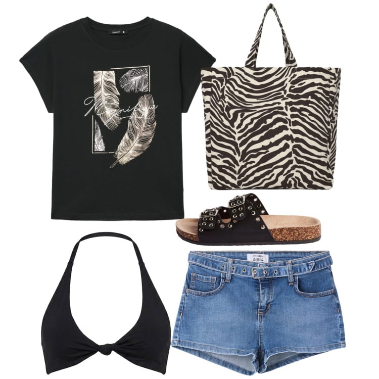 Outfit donna - Total sea. Stile Casual chic per Mare. Abbinamento con ciabatte, shorts, shopping bag, t-shirt, bikini.