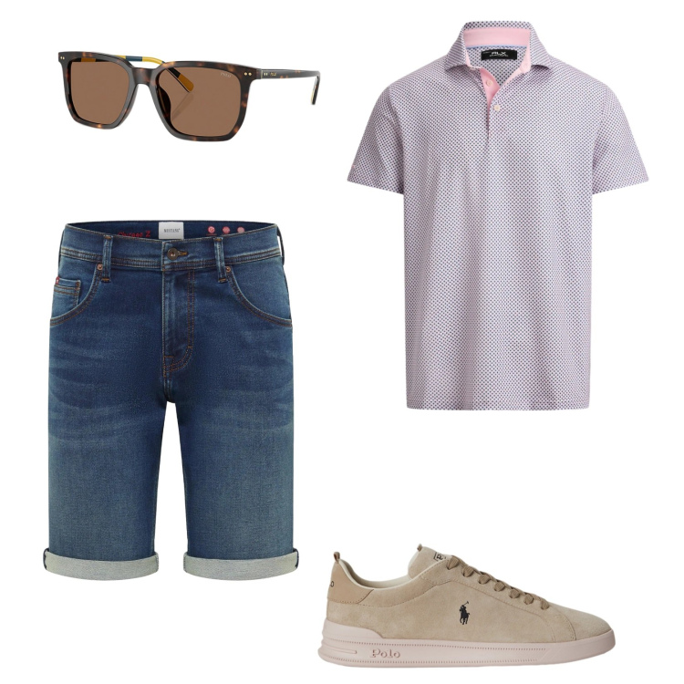 Outfit uomo - Polo e jeans corti. Stile Casual per Tutti i giorni. Abbinamento con bermuda, occhiali da sole, polo, sneakers.