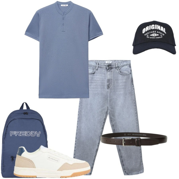 Outfit uomo - Total look #2419275. Stile Casual per Tutti i giorni. Abbinamento con sneakers, jeans, cappelli con visiera, polo, cinture, borse sportive.
