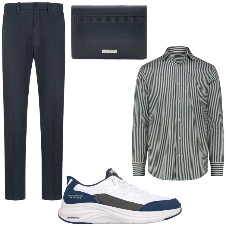 Outfit uomo - Camicia a righe. Stile Business/Elegante per Ufficio. Abbinamento con pantaloni, camicie, sneakers, portafogli.