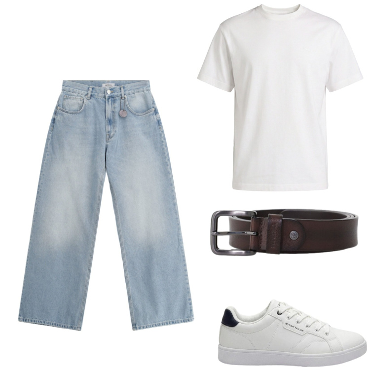 Outfit uomo - Denim chiaro. Stile Casual per Tutti i giorni. Abbinamento con sneakers, jeans, cinture, t-shirt.