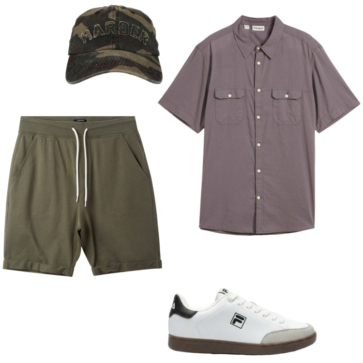 Outfit uomo - Sneakers bianche. Stile Casual per Tutti i giorni. Abbinamento con camicie a manica corta, sneakers, pantaloni corti, cappelli con visiera.